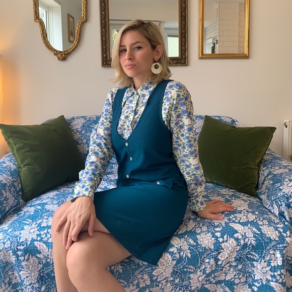 ๐ฌ๐ง Vintage 60s 70s Pinafore Mini Dress Teal Blue Green Mod Gogo Girl Twiggy 6 - Picture 2 of 11